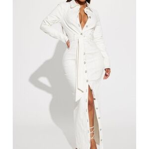Fashion Nova White Denim Button Down Maxi Shirt Dress Belted Long Sleeve XL